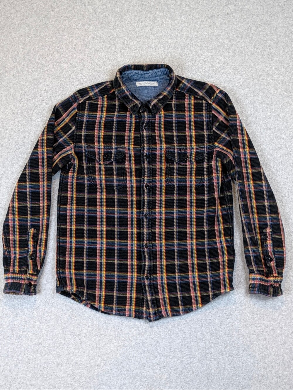 Outerknown Blanket Shirt Mens Medium True Black Rainbow Plaid Heavy Cotton Twill